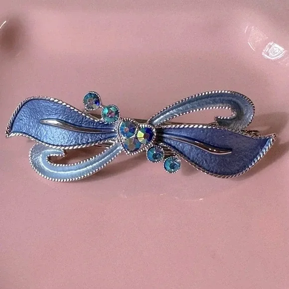 Light Blue Enamel and Crystal Bow & Heart Hair Barrette - Picture 1 of 6